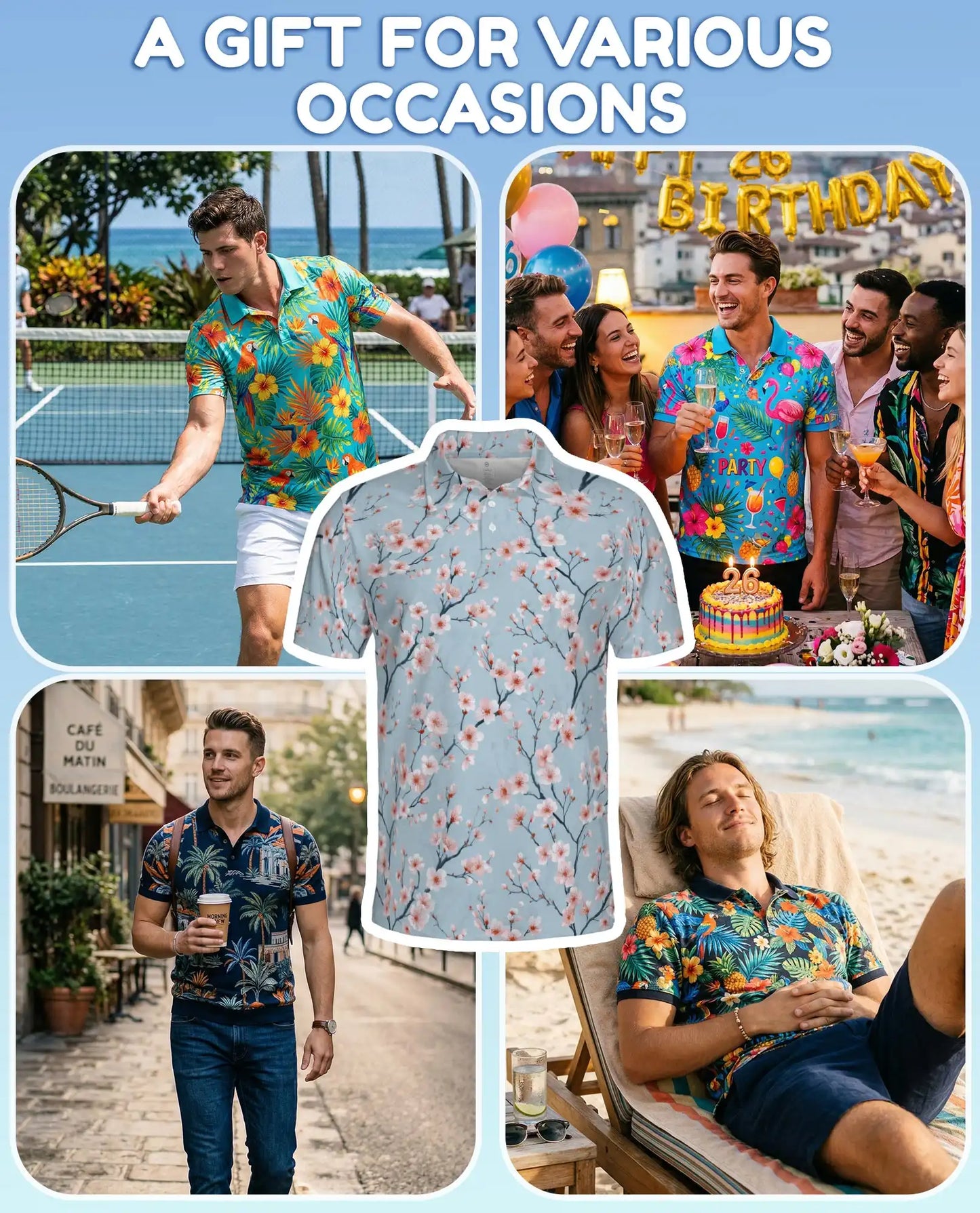 Blue Cherry Blossom Polo Shirt for Men, Spring Floral Style | Azhawaiian