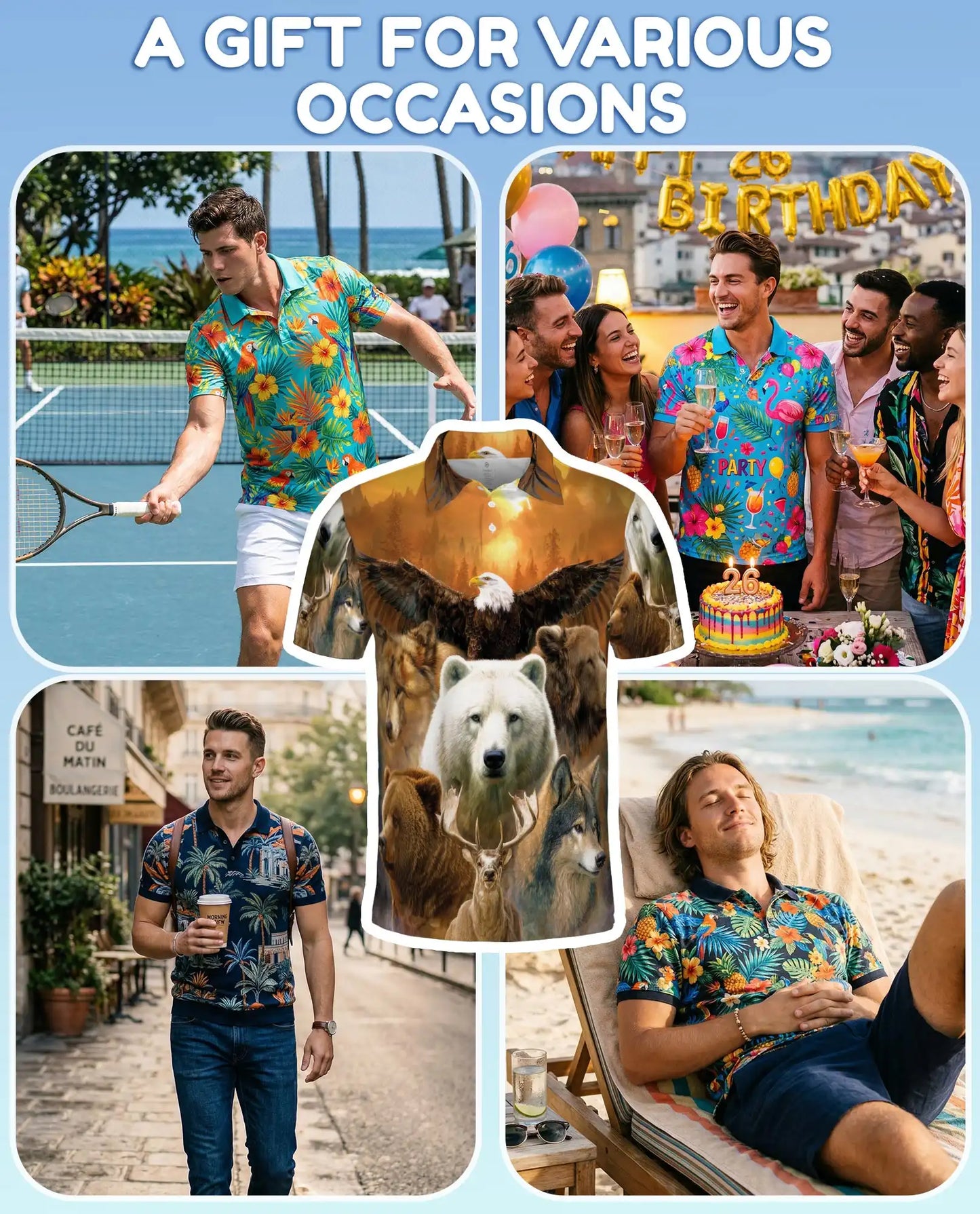 Wild Animal Forest Polo Shirt for Men, Majestic Wildlife Print | Azhawaiian