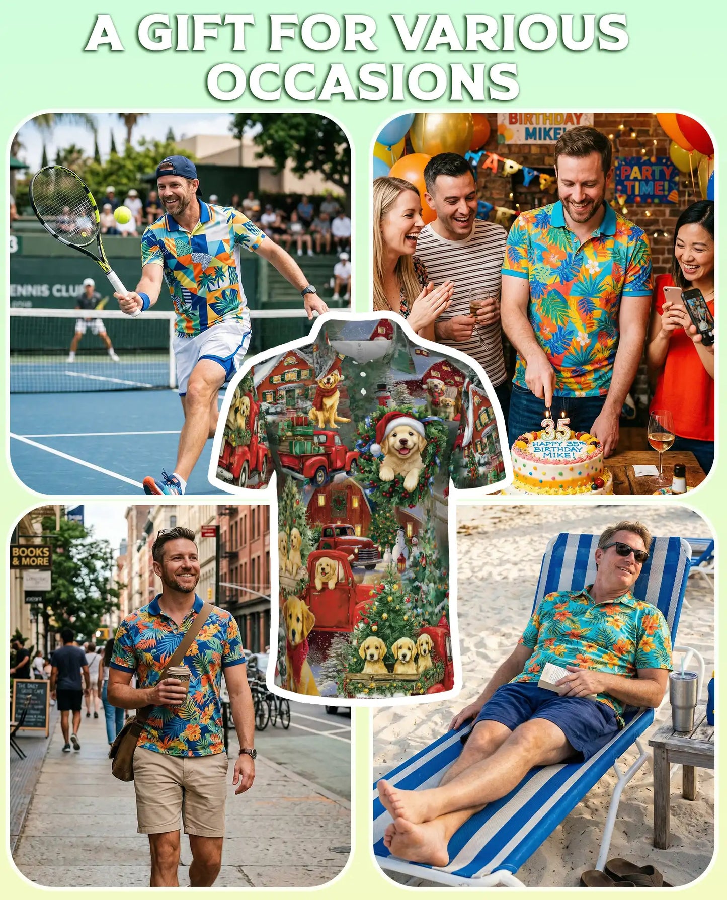 Festive Christmas Dogs Polo Shirt for Men, Holiday Graphic Tee | Azhawaiian