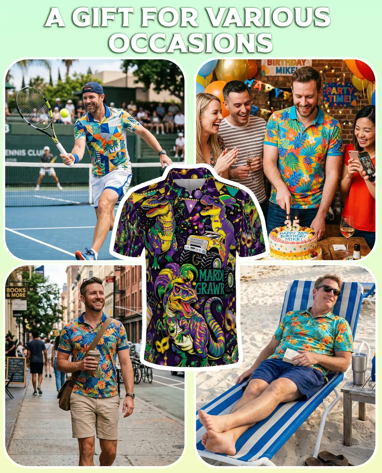 Mardi Grawr Dinosaur Polo Shirt for Men-Funny Mardi Gras T Rex Carnival Party Shirt | Azhawaiian