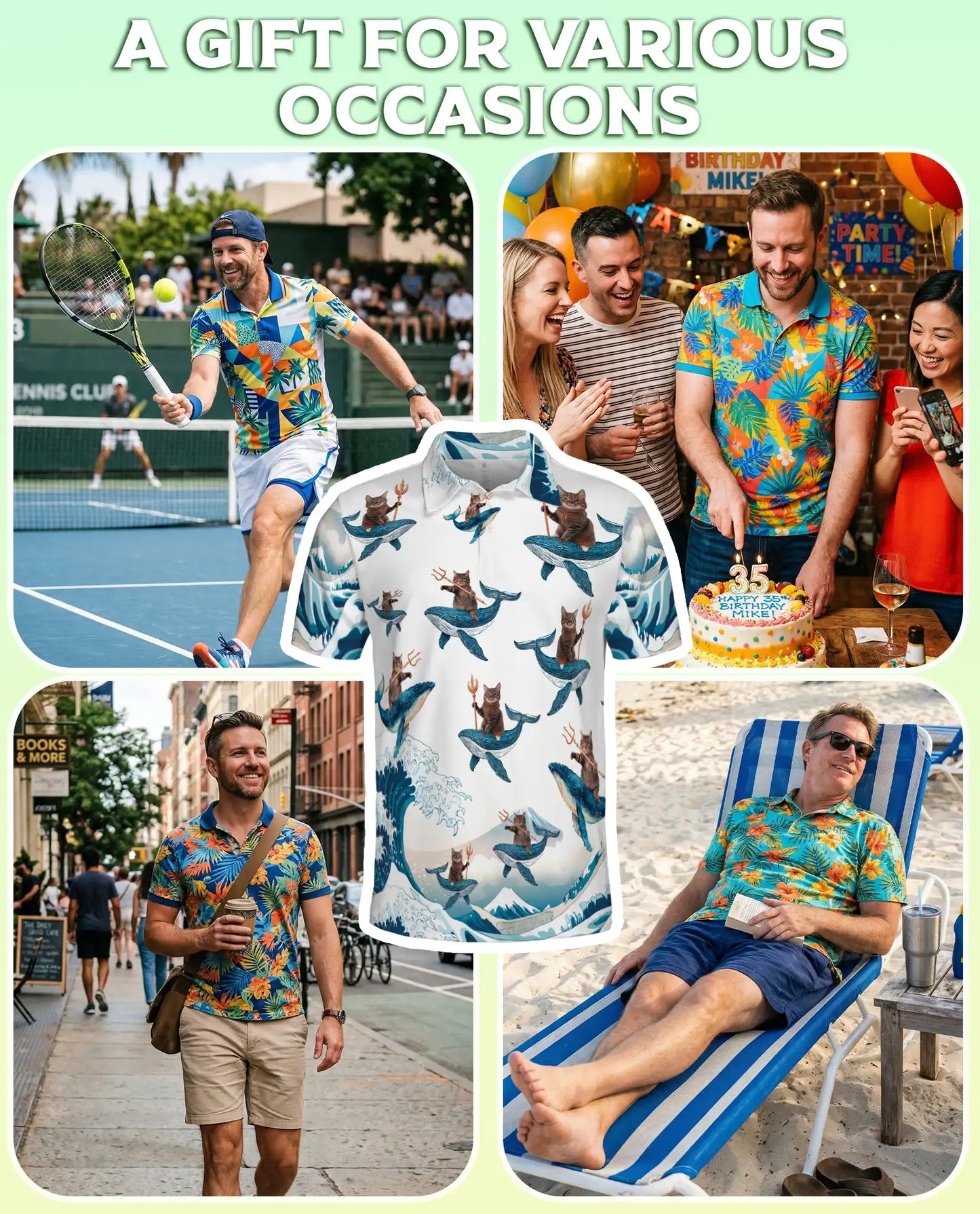 Funny Cat Riding Whale 3D Polo Shirt for Men, Ocean Fantasy Animal Style | Azhawaiian