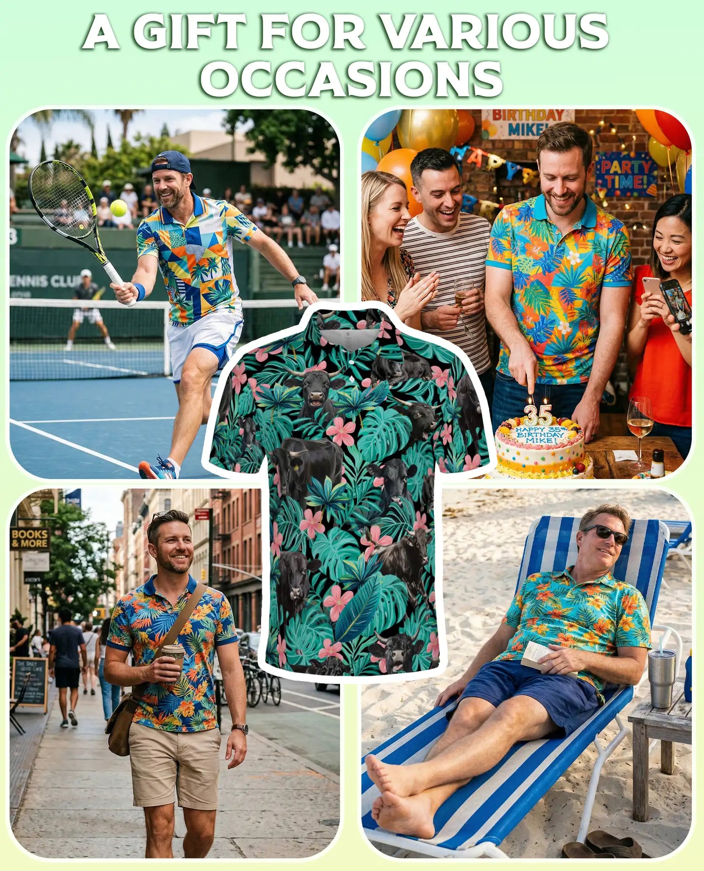 Black Cow Tropical Floral 3D Polo Shirt for Men, Hawaiian Farm Animal Style | Azhawaiian