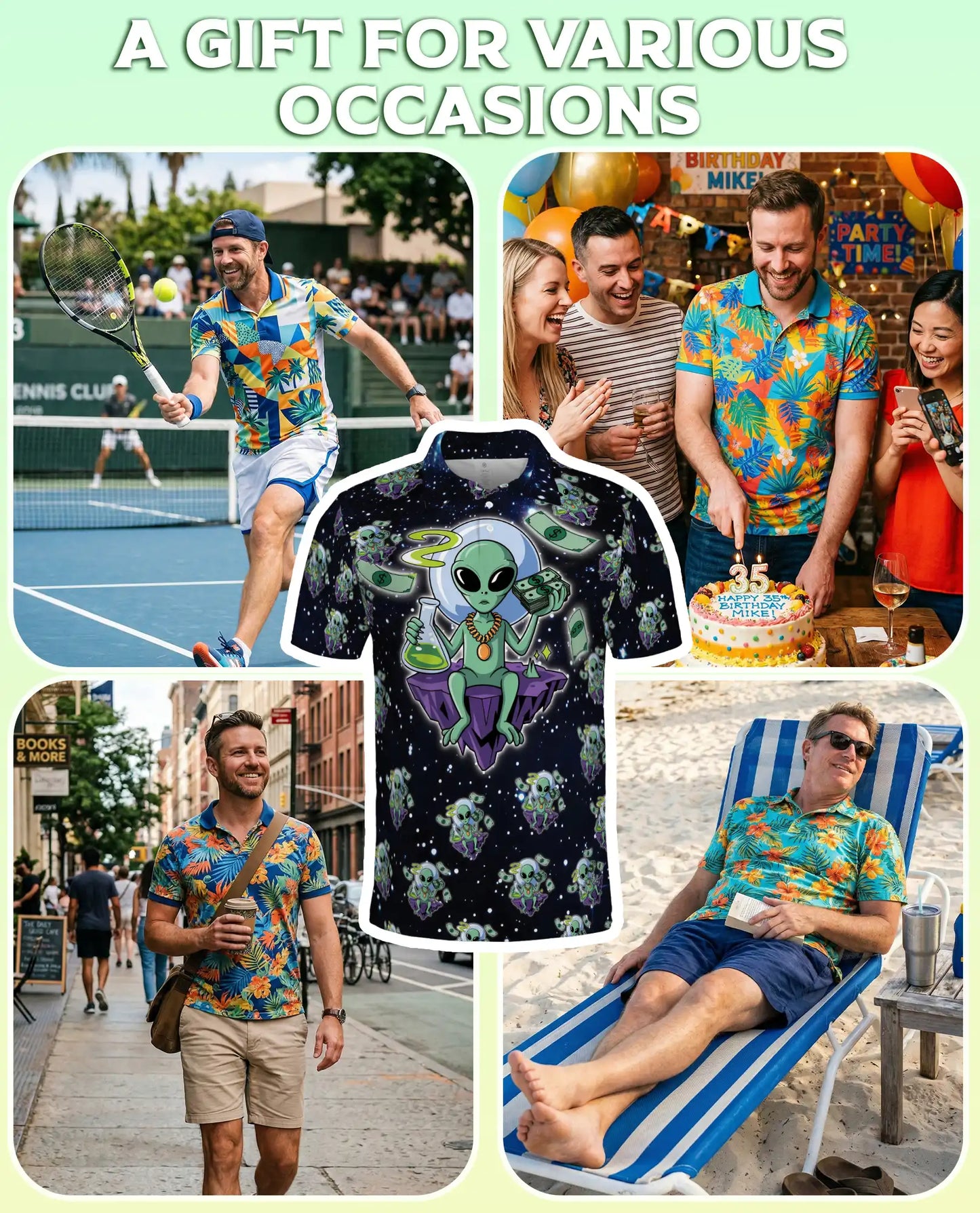Funny Alien 3D Polo Shirt for Men, Space Cartoon Sci-Fi Style | Azhawaiian