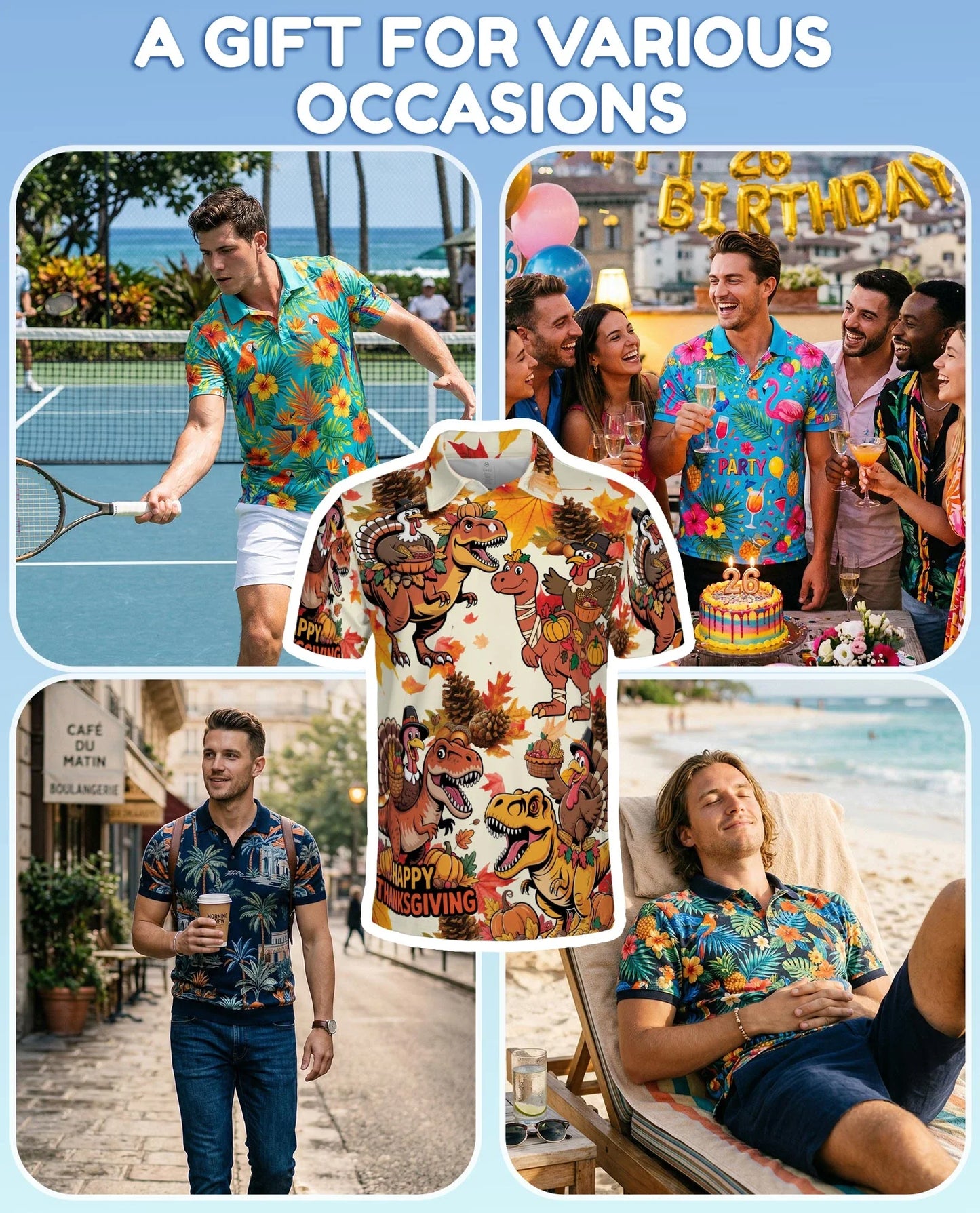 Thanksgiving Dinosaur Turkey Polo Shirt for Men, Funny Holiday Style | Azhawaiian