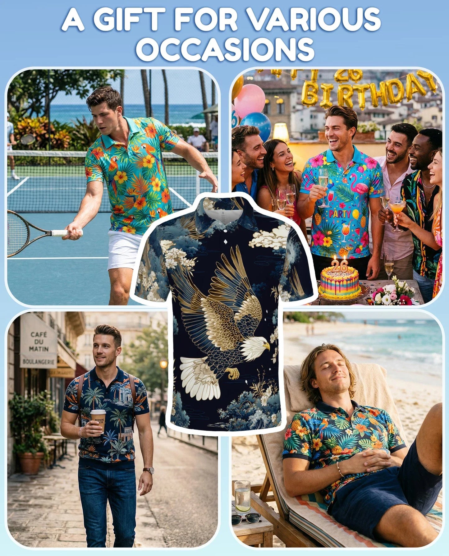 Japanese Eagle Polo Shirt for Men, Traditional Bird Art Style | Azhawaiian