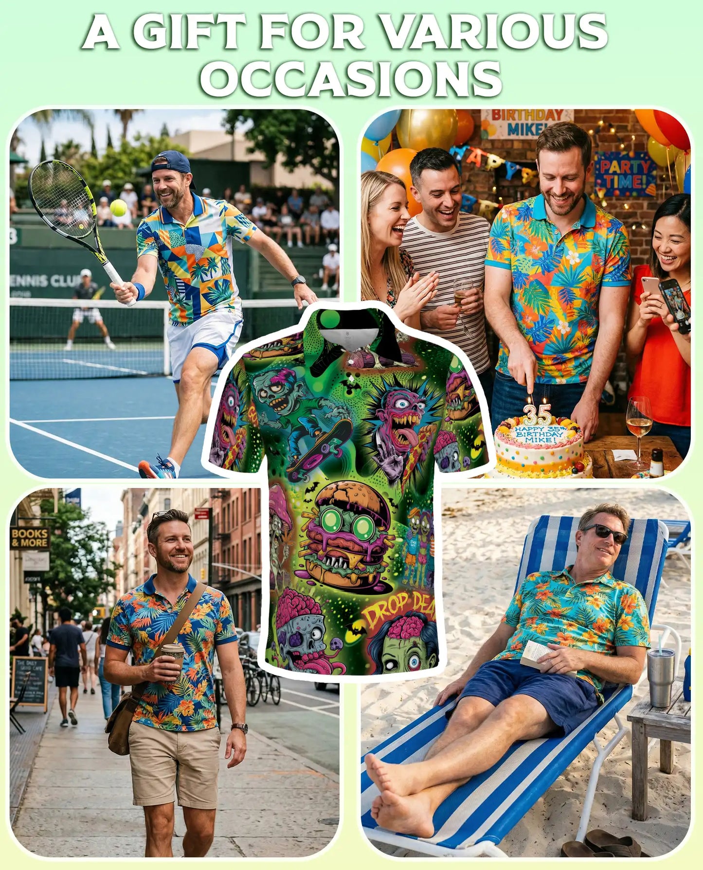 Zombie Skateboard Burger 3D Polo Shirt, Retro Graphic | Azhawaiian