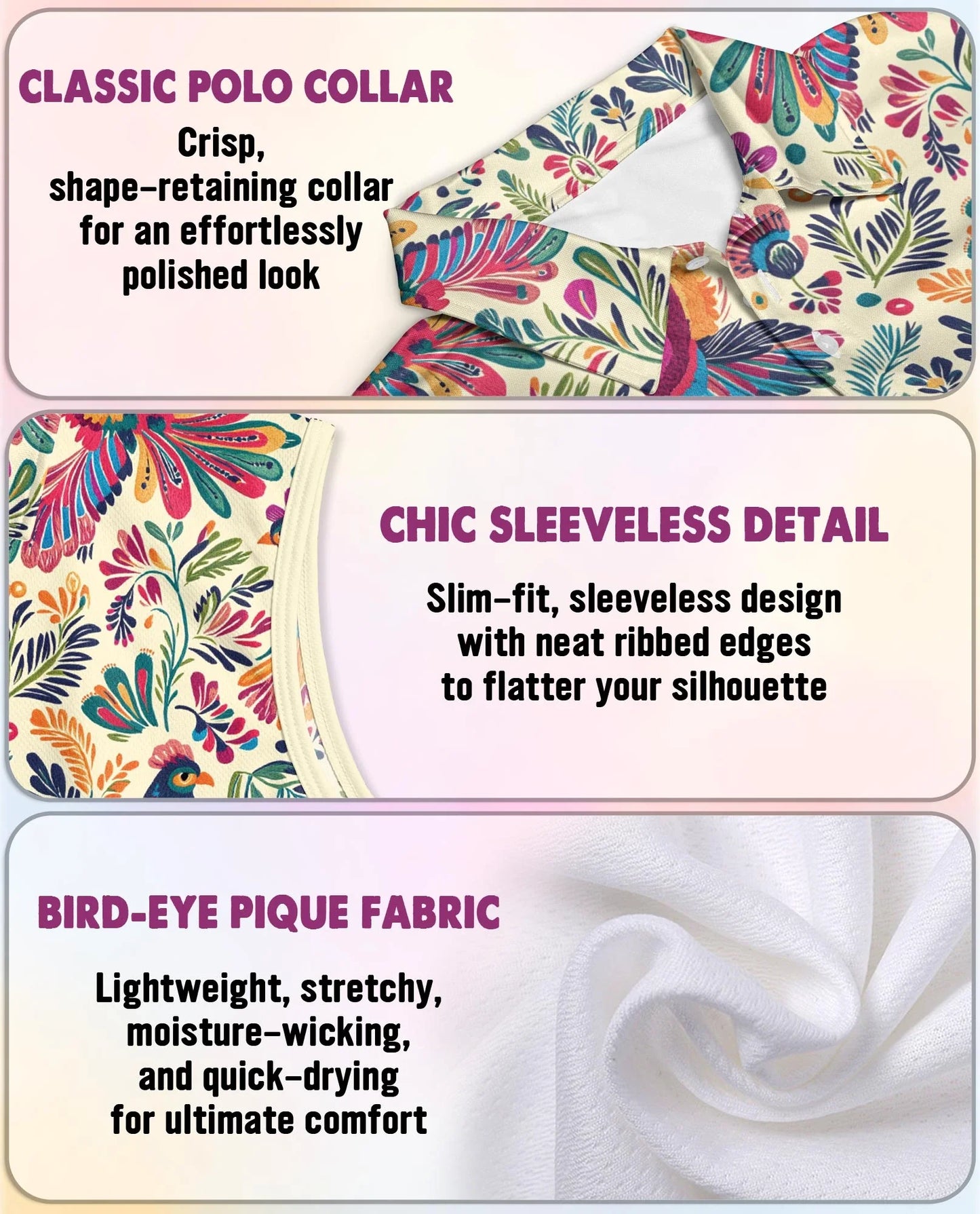 Folk Art Tropical Bird Sleeveless Polo Shirt for Women | Azhawaiian