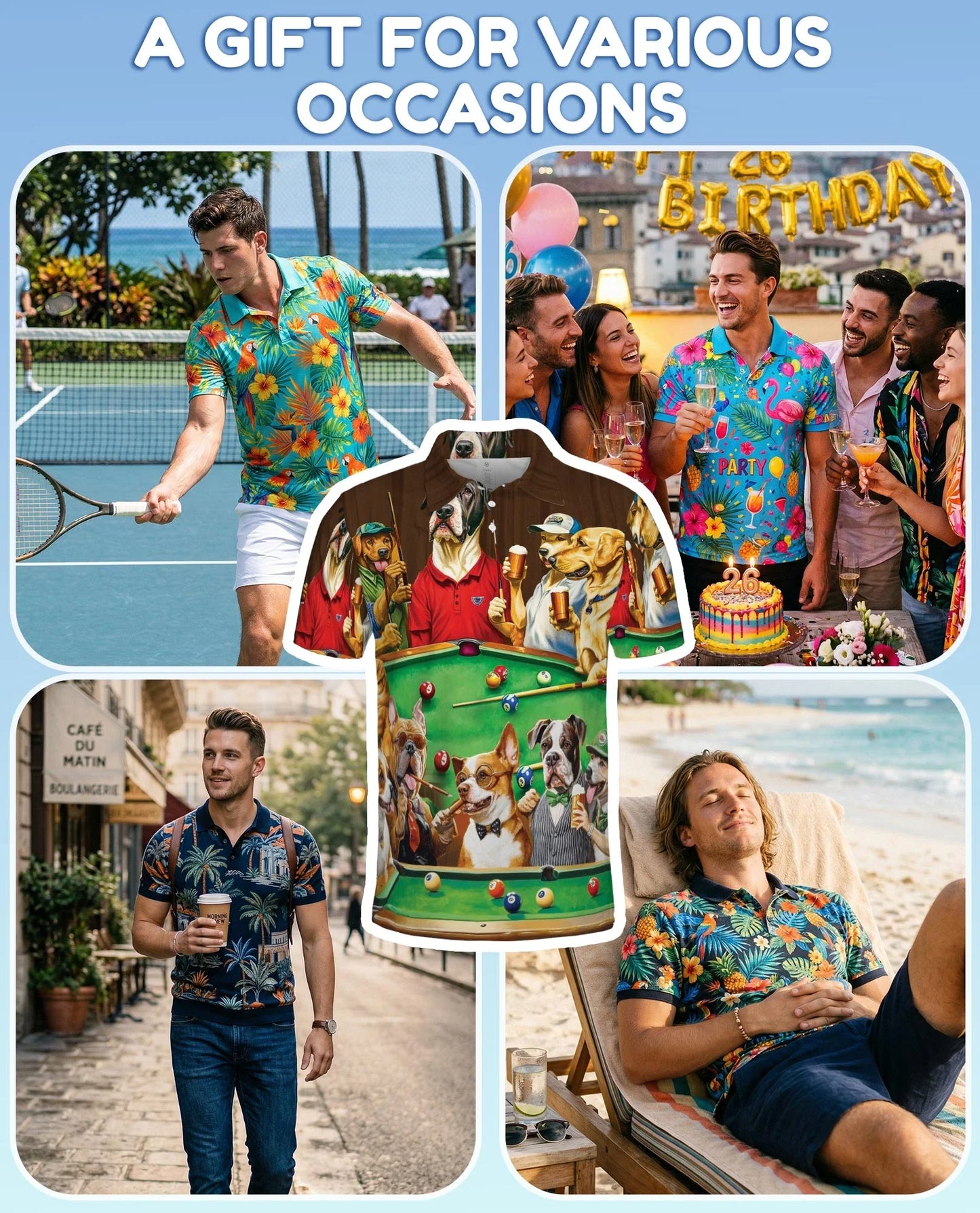 Billiard Vintage Dogs Polo Shirt for Men, Funny Pool Player Style | Azhawaiian