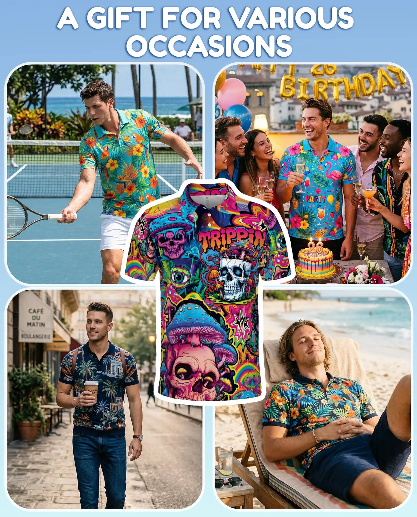 Trippy Psychedelic Skull Polo Shirt for Men, Colorful Mushroom Art | Azhawaiian