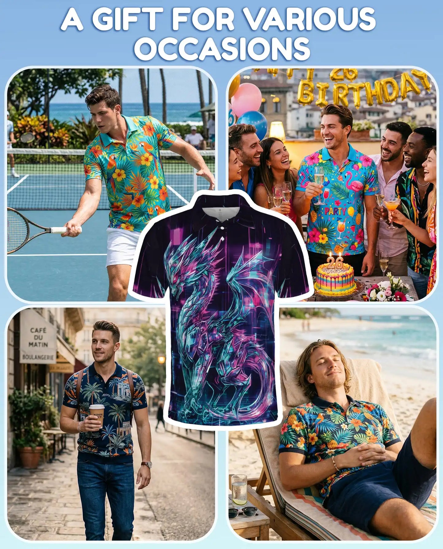 Cyber Dragon Polo Shirt for Men - Neon Fantasy Art | Azhawaiian