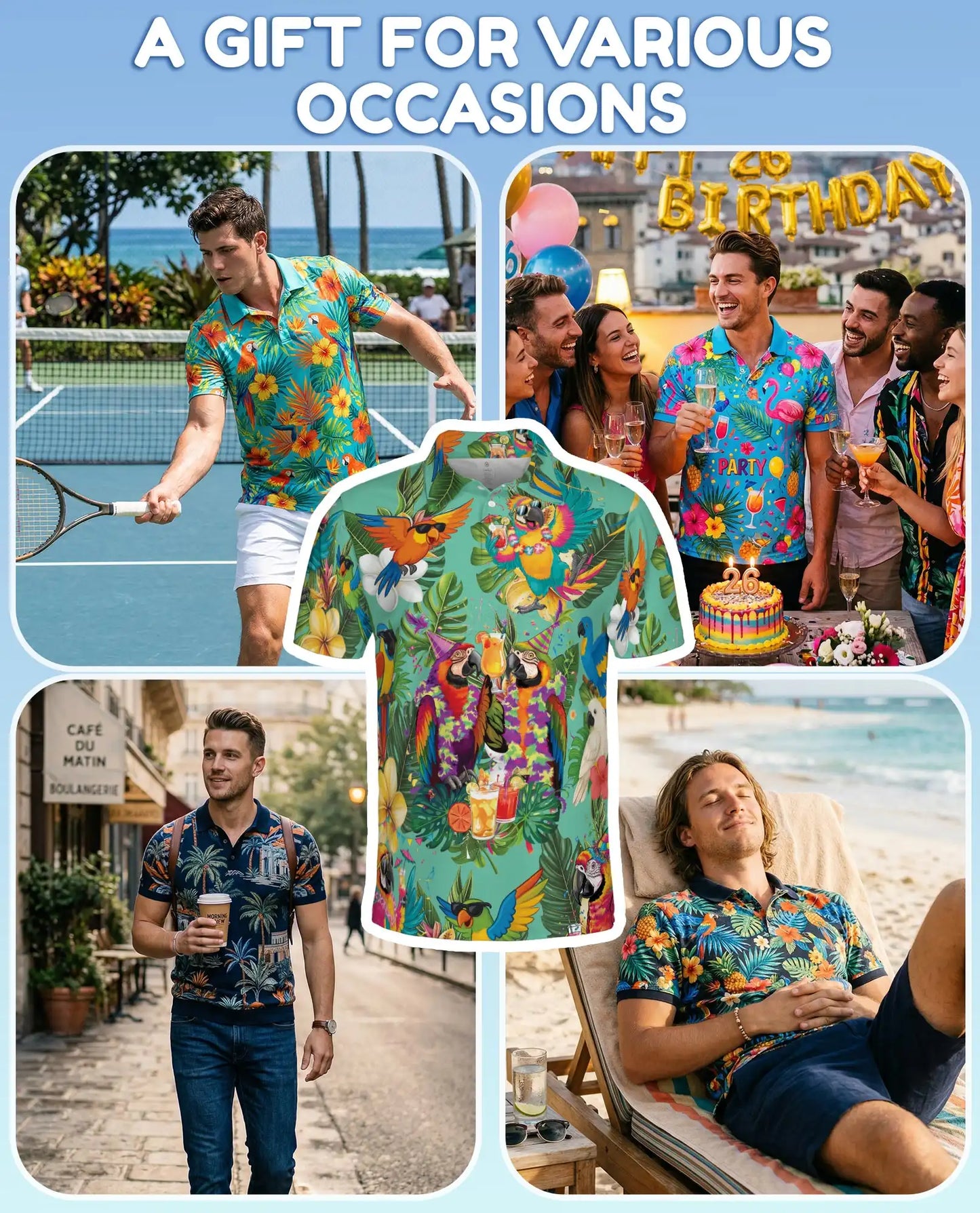 Party Parrot Polo Shirt for Men, Tropical Vacation Style | Azhawaiian