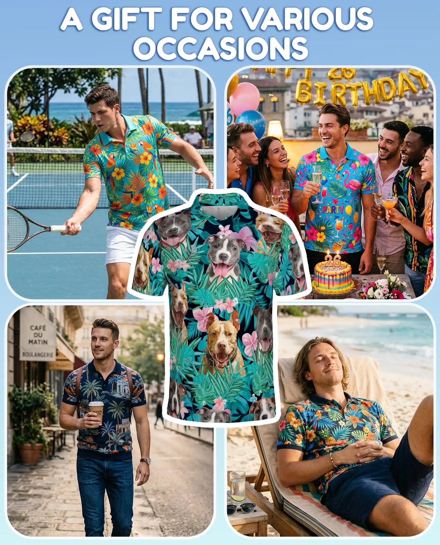 Happy Dogs Tropical Polo Shirt for Men, Cute Dog Print | Azhawaiian