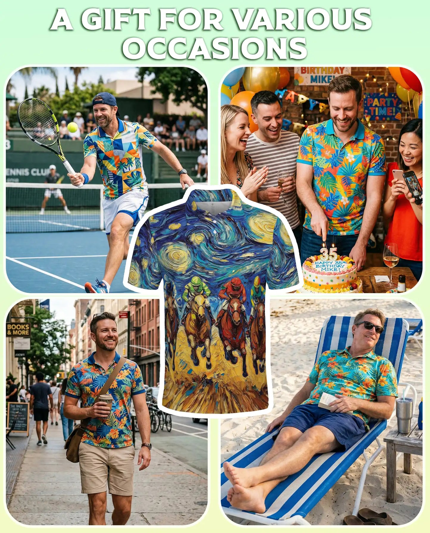 Starry Night Horse Racing 3D Polo Shirt for Men, Artistic Jockey Derby Style | Azhawaiian