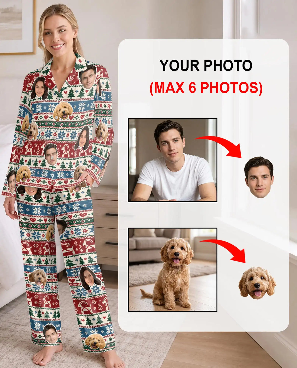 Personalized Christmas Reindeer Pajamas for Women – Custom Face & Pet Photo Fair Isle Print