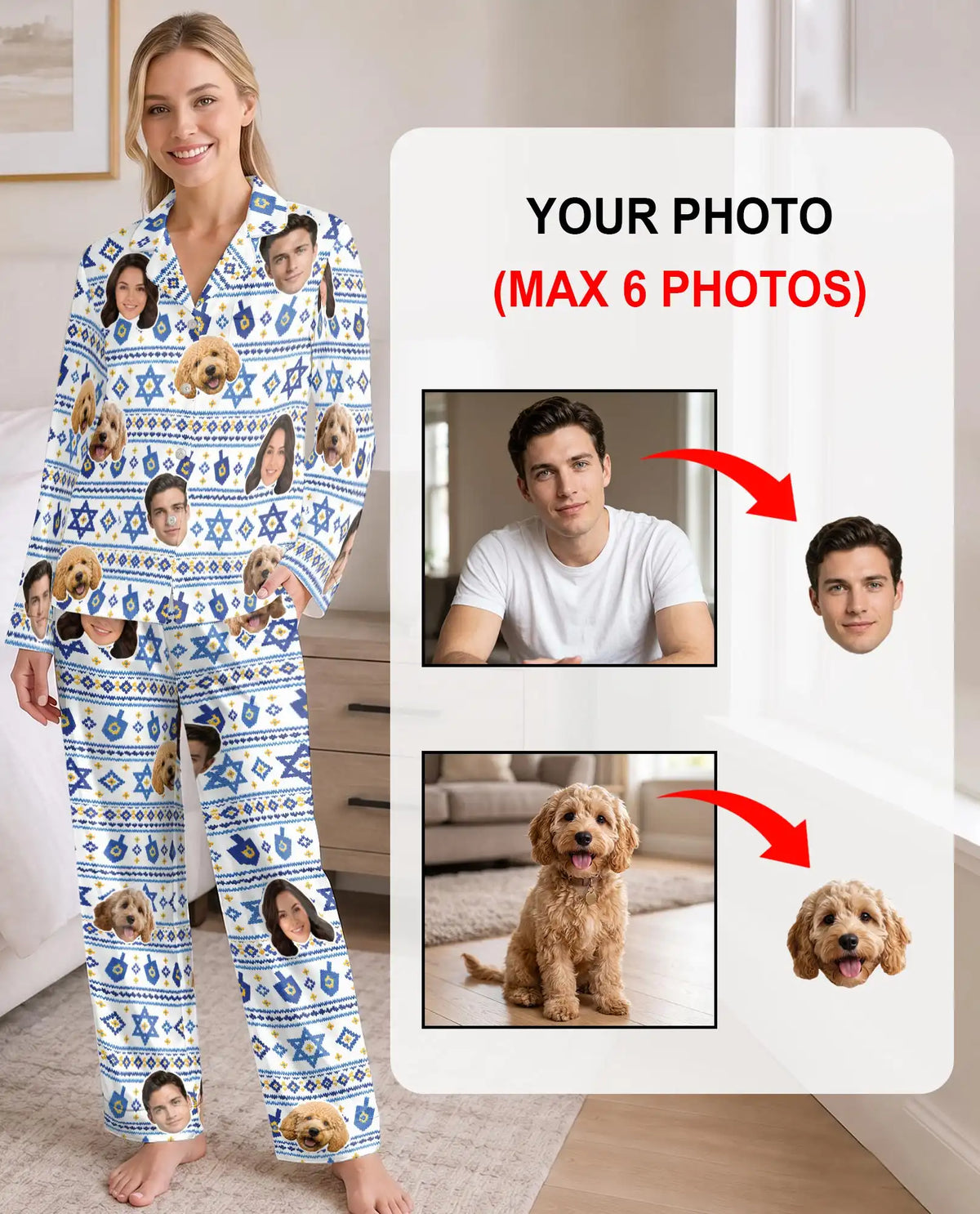 Personalized Hanukkah Star of David Pajamas for Women – Custom Face & Pet Photo Print