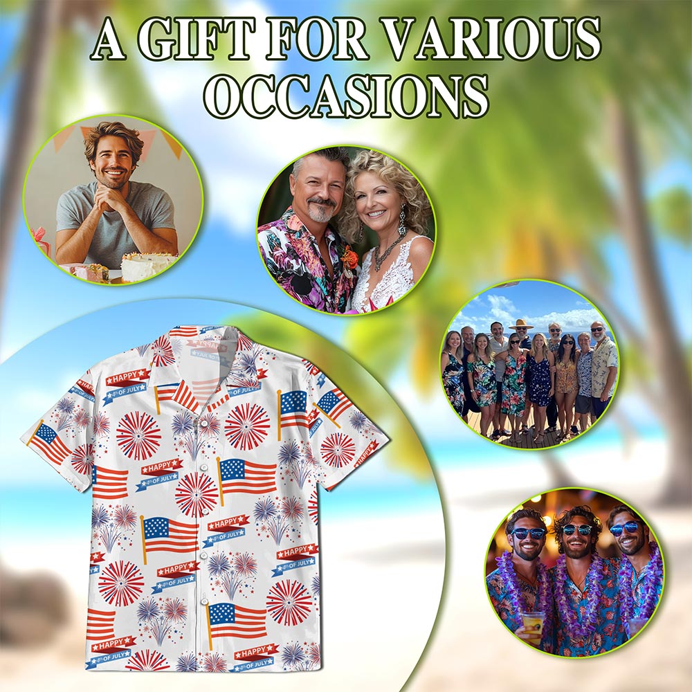 4th Of July US Pattern Hawaiian Shirt for Men, Button Down Aloha Shirt - Azhawaiian