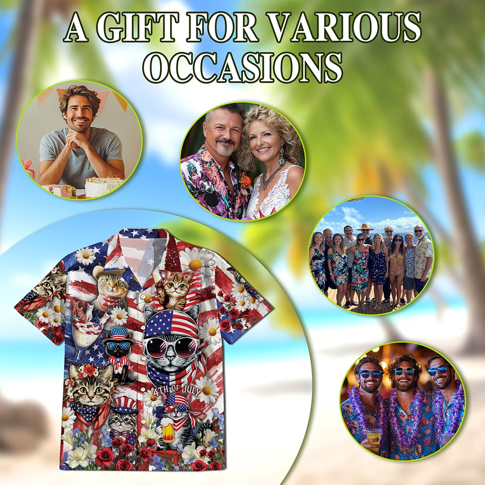4th of July Cat Hawaiian Shirt for Men, Button Down Aloha Shirt - Azhawaiian