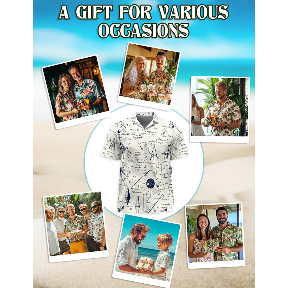 B&W Teacher Math Love Pattern Hawaiian Shirt for Men, Button Down Aloha Shirt - Azhawaiian