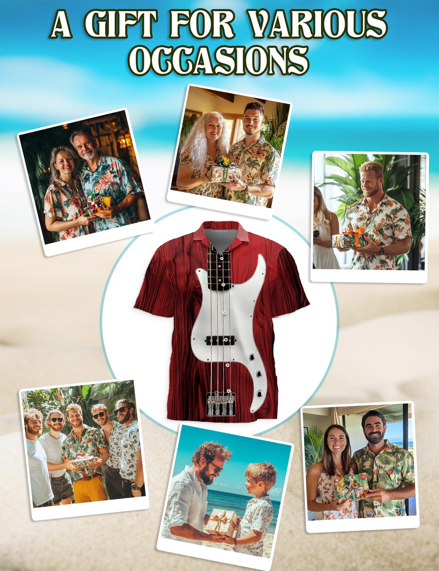 Bass Guitar Hawaiian Shirt for Men, Button Down Aloha Shirt - Azhawaiian