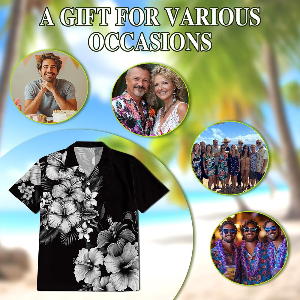 Black And White Hibiscus Hawaiian Shirt for Men, Button Down Aloha Shirt - Azhawaiian