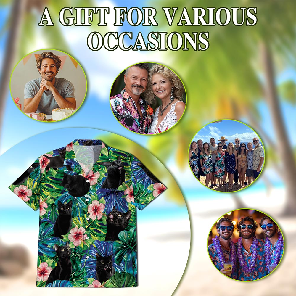 Black Cat Tropical Hawaiian Shirt for Men, Button Down Aloha Shirt - Azhawaiian