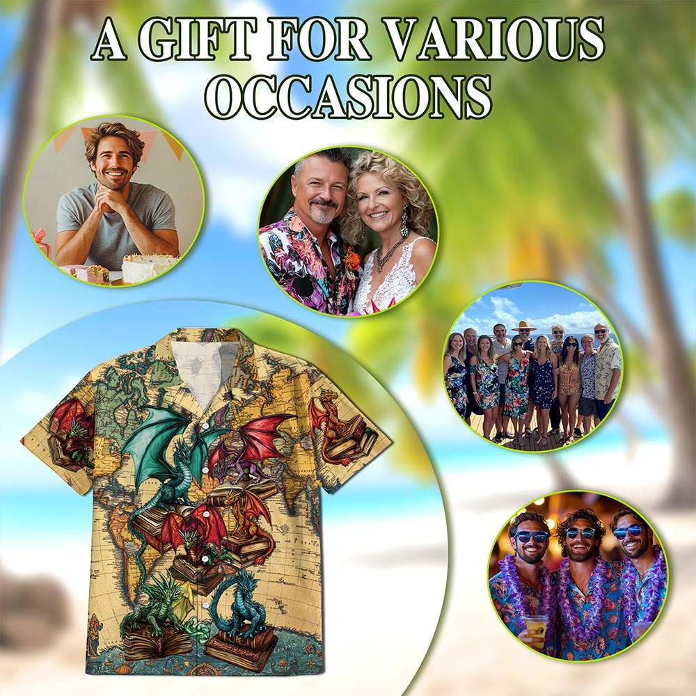 Dragon and Book Hawaiian Shirt for Men, Bookworm Button Down Aloha Shirt - Azhawaiian