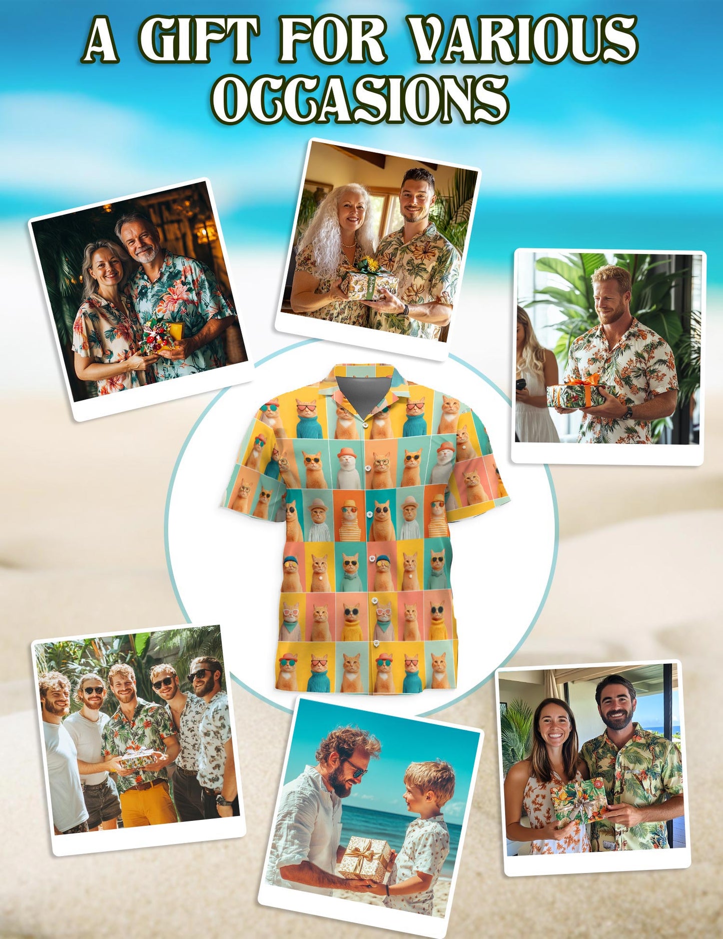 Colorful Cat Pattern Hawaiian Shirt for Men, Button Down Aloha Shirt - Azhawaiian