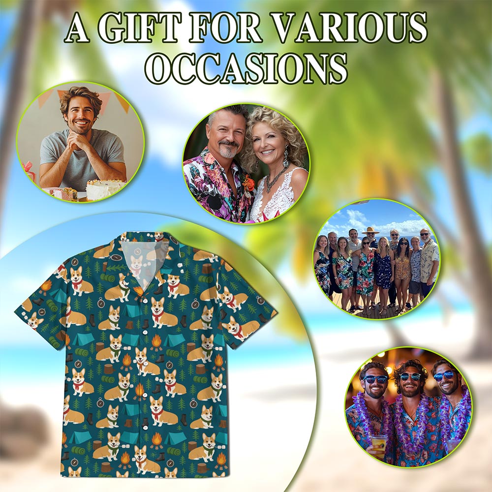 Corgi Camping Hawaiian Shirt for Men, Button Down Aloha Shirt - Azhawaiian