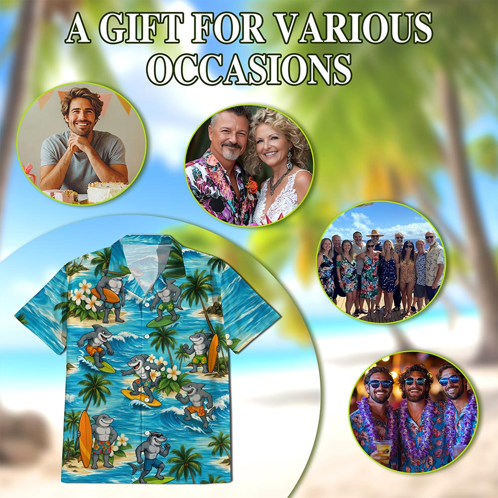 Funny Surfing Shark Hawaiian Shirt for Men, Button Down Aloha Shirt - Azhawaiian