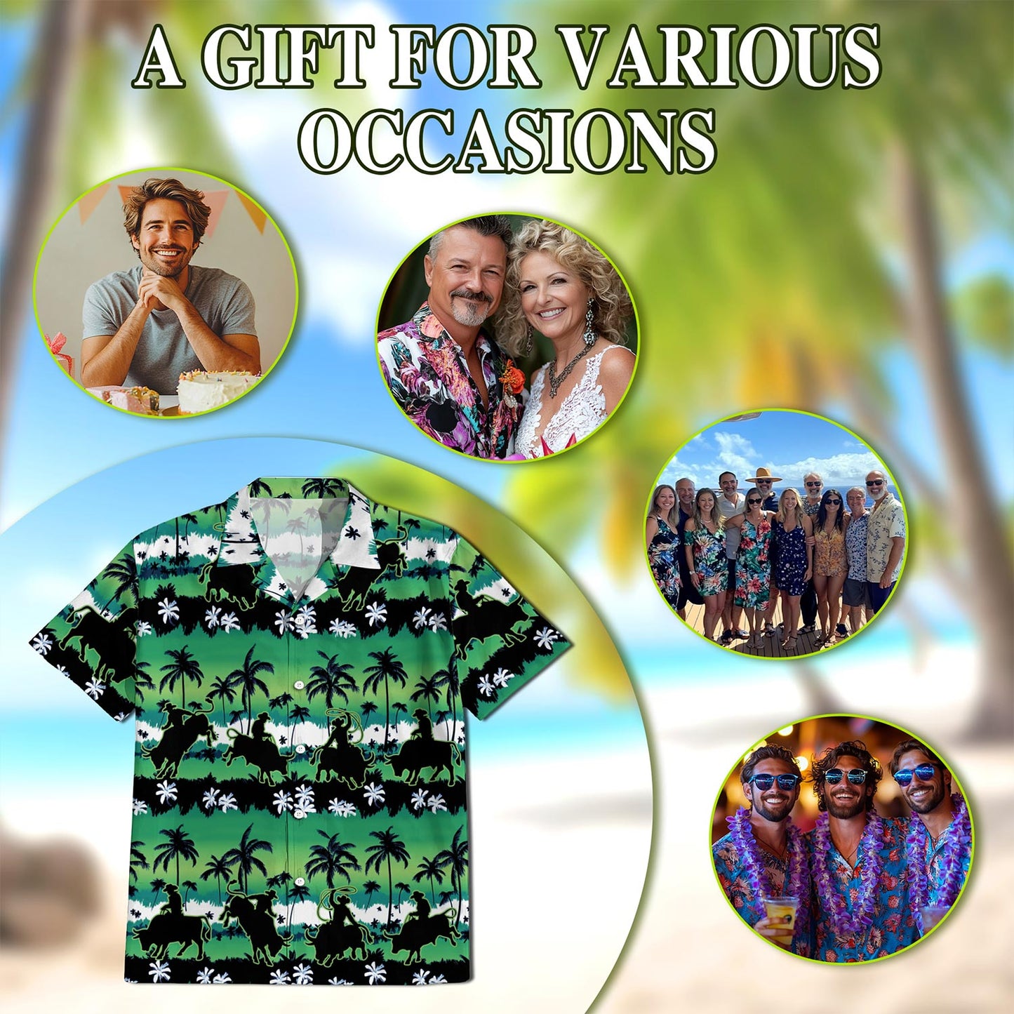 Green Bull Riding Palm Tree Hawaiian Shirt for Men, Button Down Aloha Shirt - Azhawaiian
