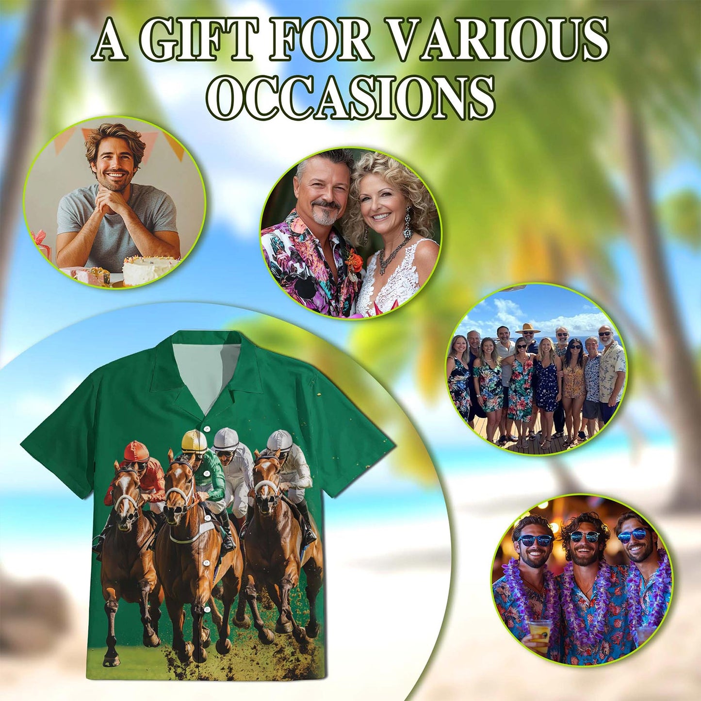 Green Horse Racing Hawaiian Shirt for Men, Button Down Aloha Shirt - Azhawaiian