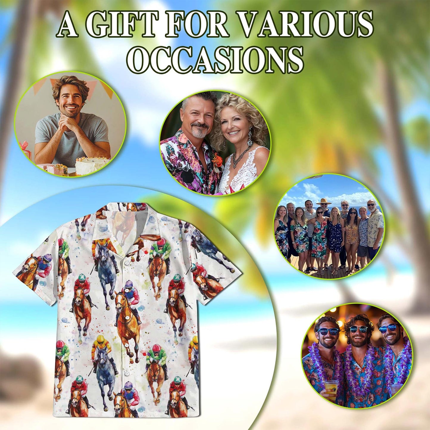Horse Racing Pattern Hawaiian Shirt for Men, Button Down Aloha Shirt - Azhawaiian