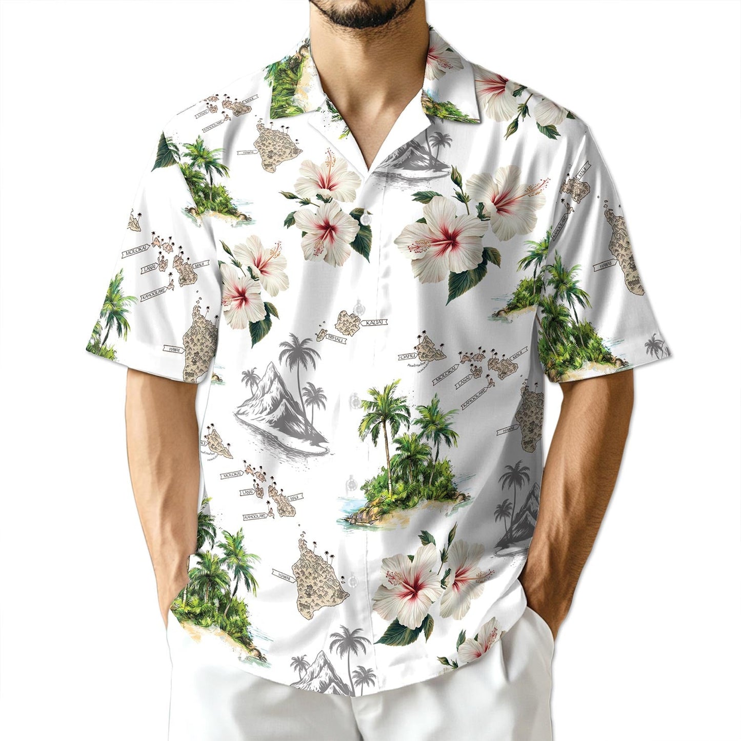 Islands White Hawaiian Shirt for Men, Button Down Aloha Shirt - Azhawaiian