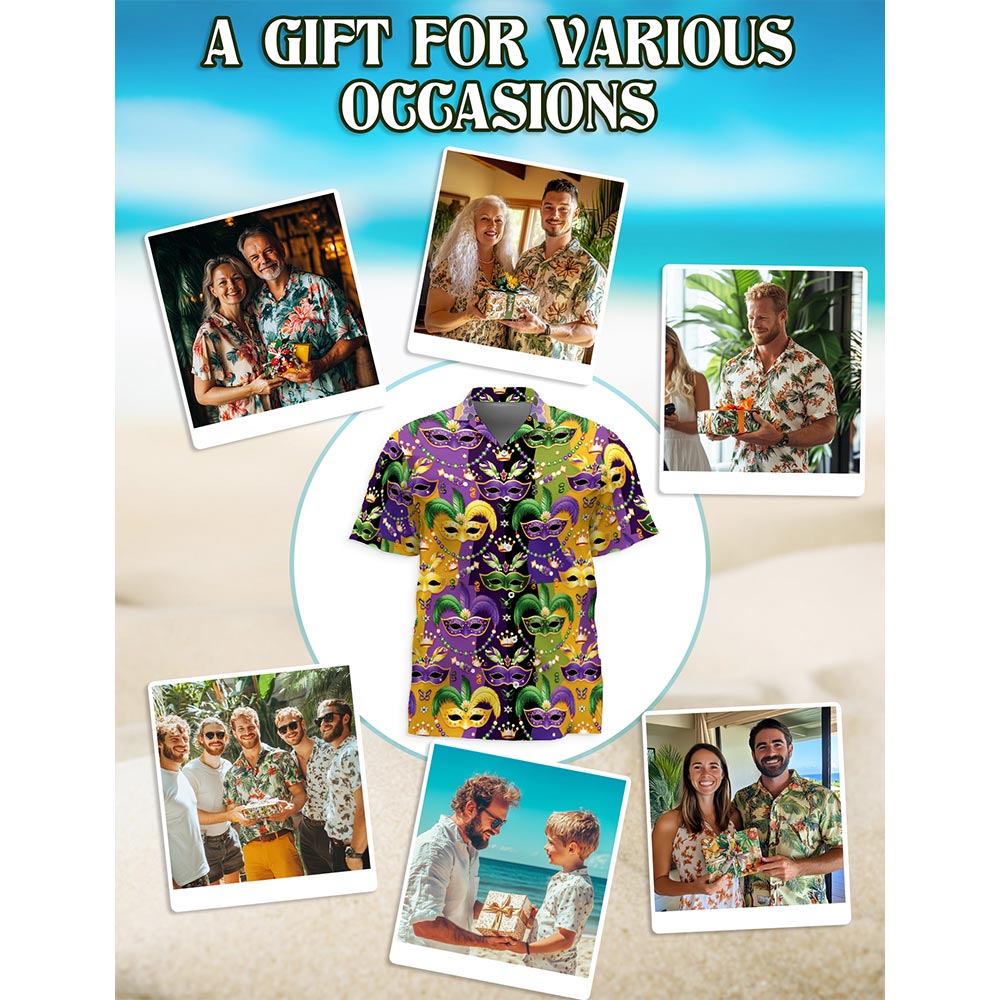 Mardi Gras Mask Hawaiian Shirt for Men, Button Down Aloha Shirt - Azhawaiian