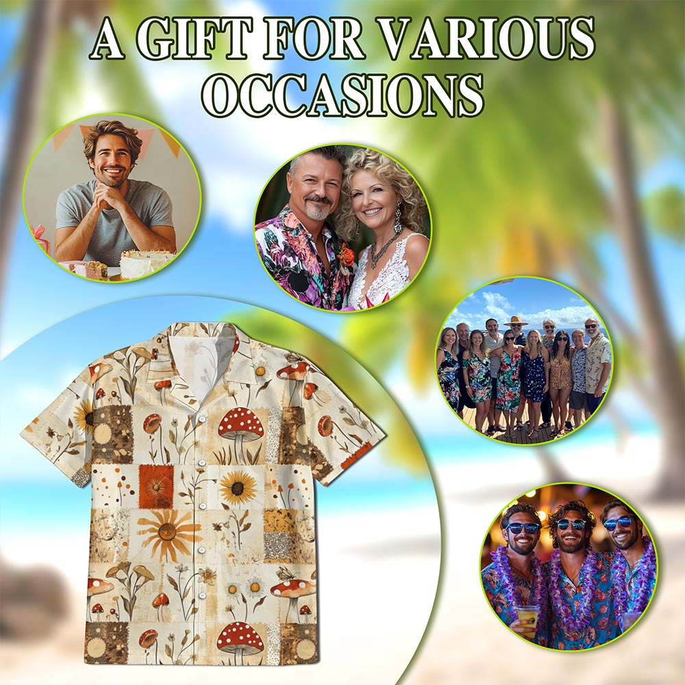 Mushroom Pattern Hawaiian Shirt for Men, Button Down Aloha Shirt - Azhawaiian