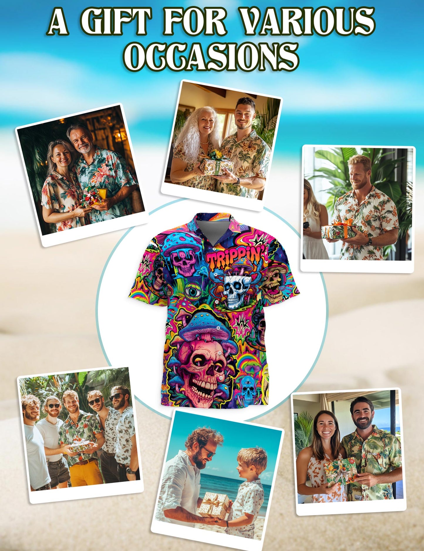 Mushroom Skull Trippy Hawaiian Shirt for Men, Button Down Aloha Shirt - Azhawaiian