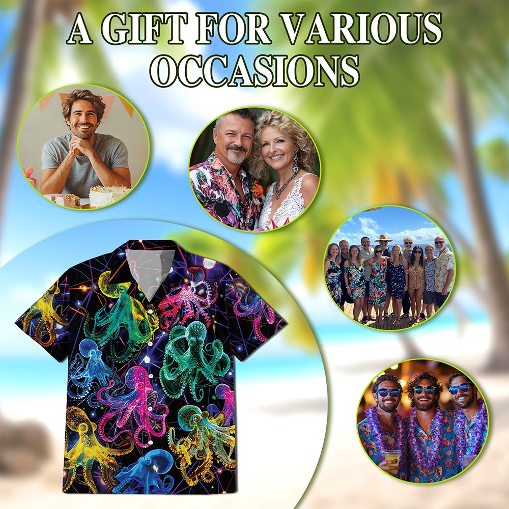 Neon Octopus Hawaiian Shirt for Men, Button Down Aloha Shirt - Azhawaiian