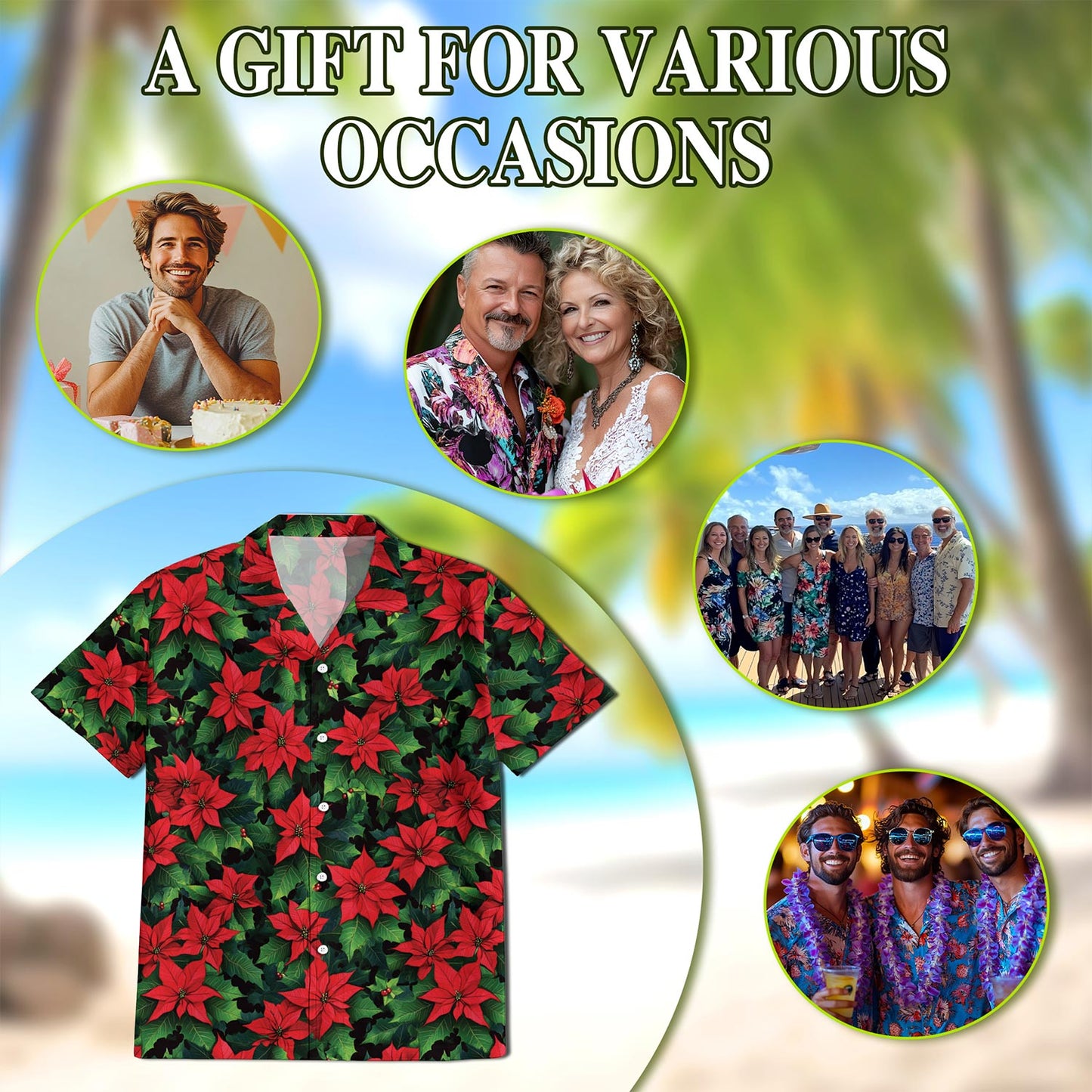 Poinsettia Pattern Hawaiian Shirt for Men, Button Down Aloha Shirt - Azhawaiian