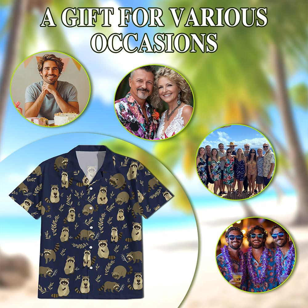 Raccoon Pattern Hawaiian Shirt for Men, Button Down Aloha Shirt - Azhawaiian