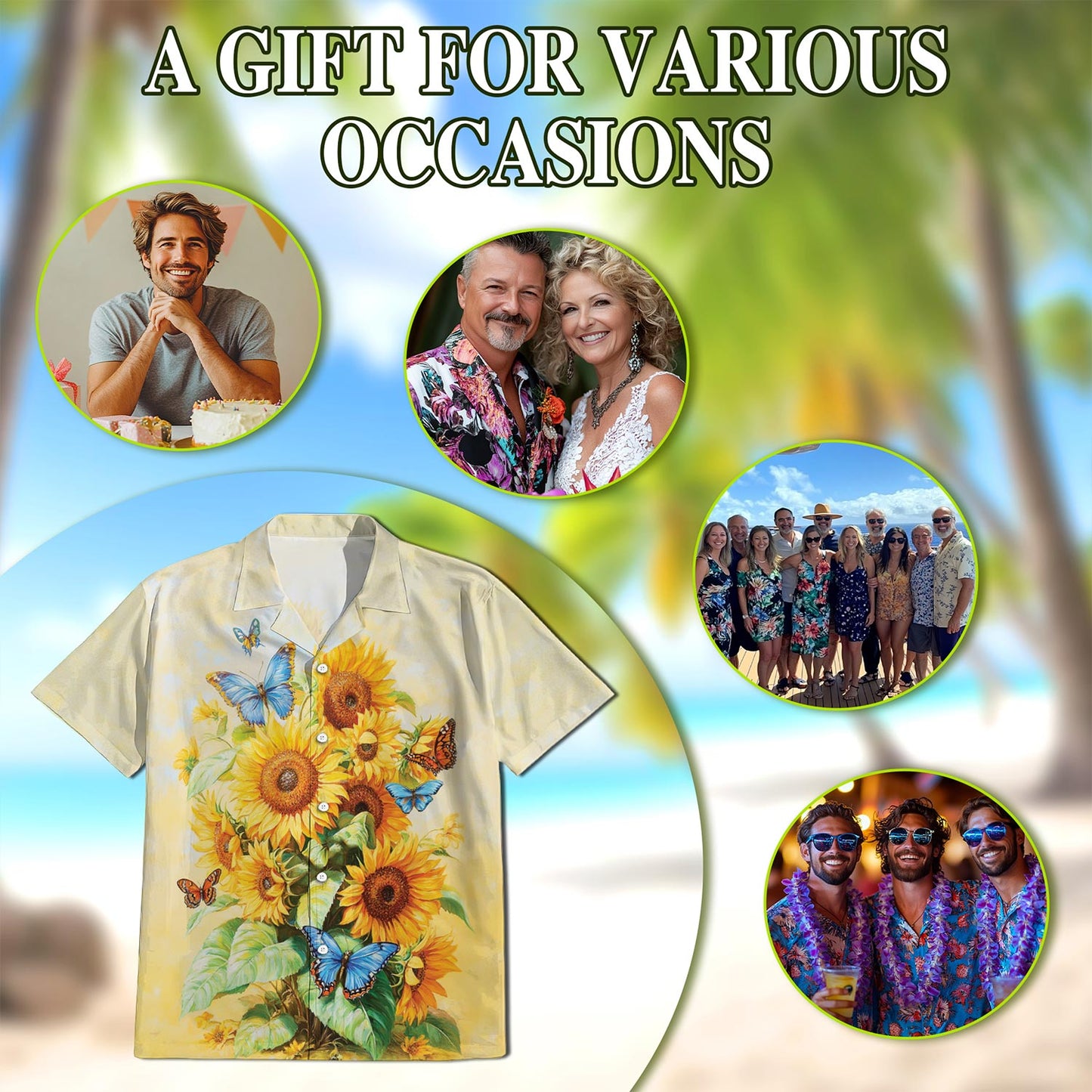 Sunflower Butterfly Hawaiian Shirt for Men, Button Down Aloha Shirt - Azhawaiian
