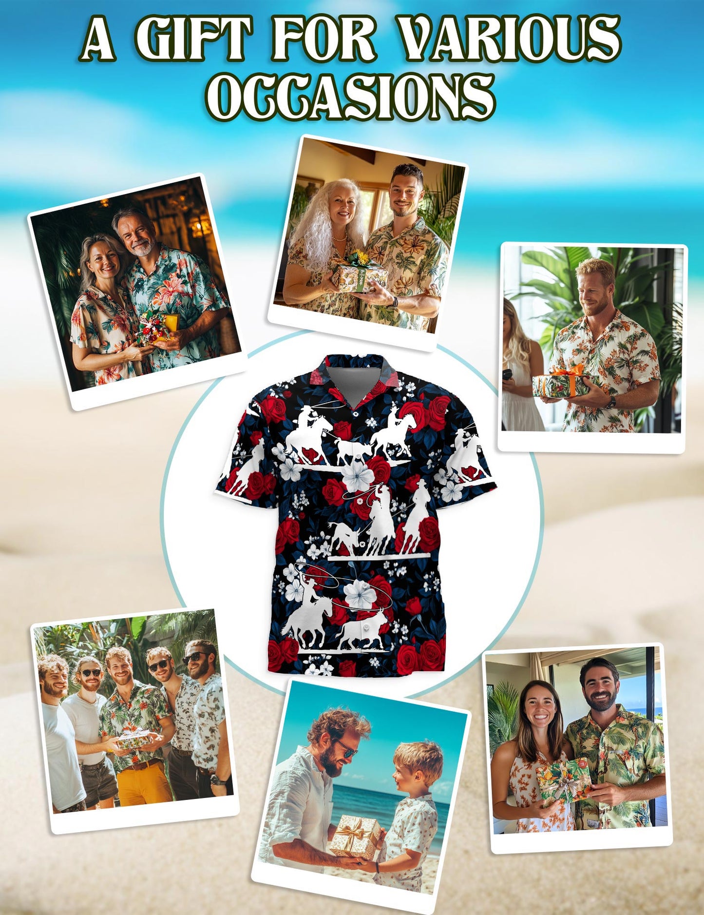 Team Roping Red Rose Hawaiian Shirt for Men, Button Down Aloha Shirt - Azhawaiian