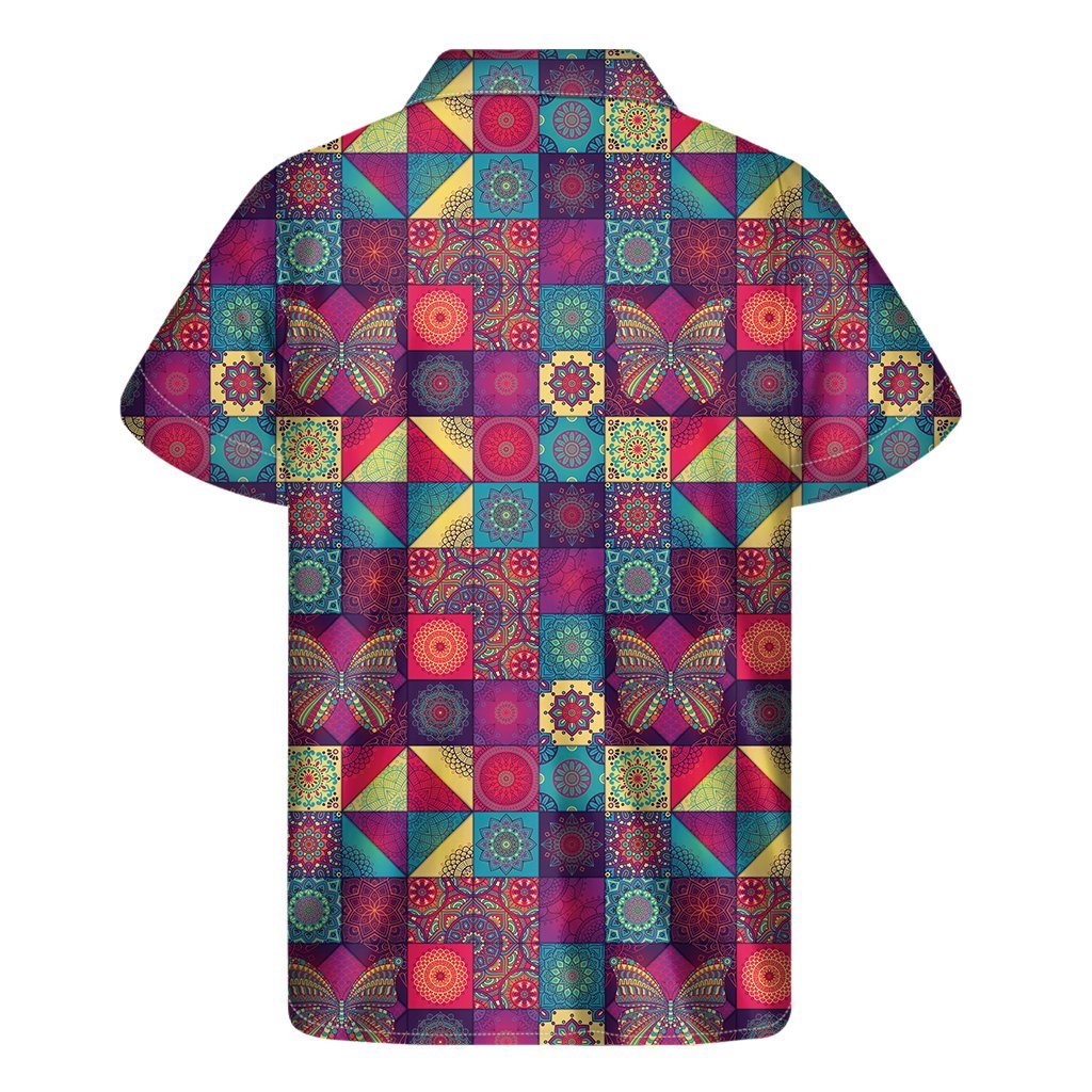 Bohemian Patchwork Pattern Print Mens Short Sleeve Shirt Hawaiian