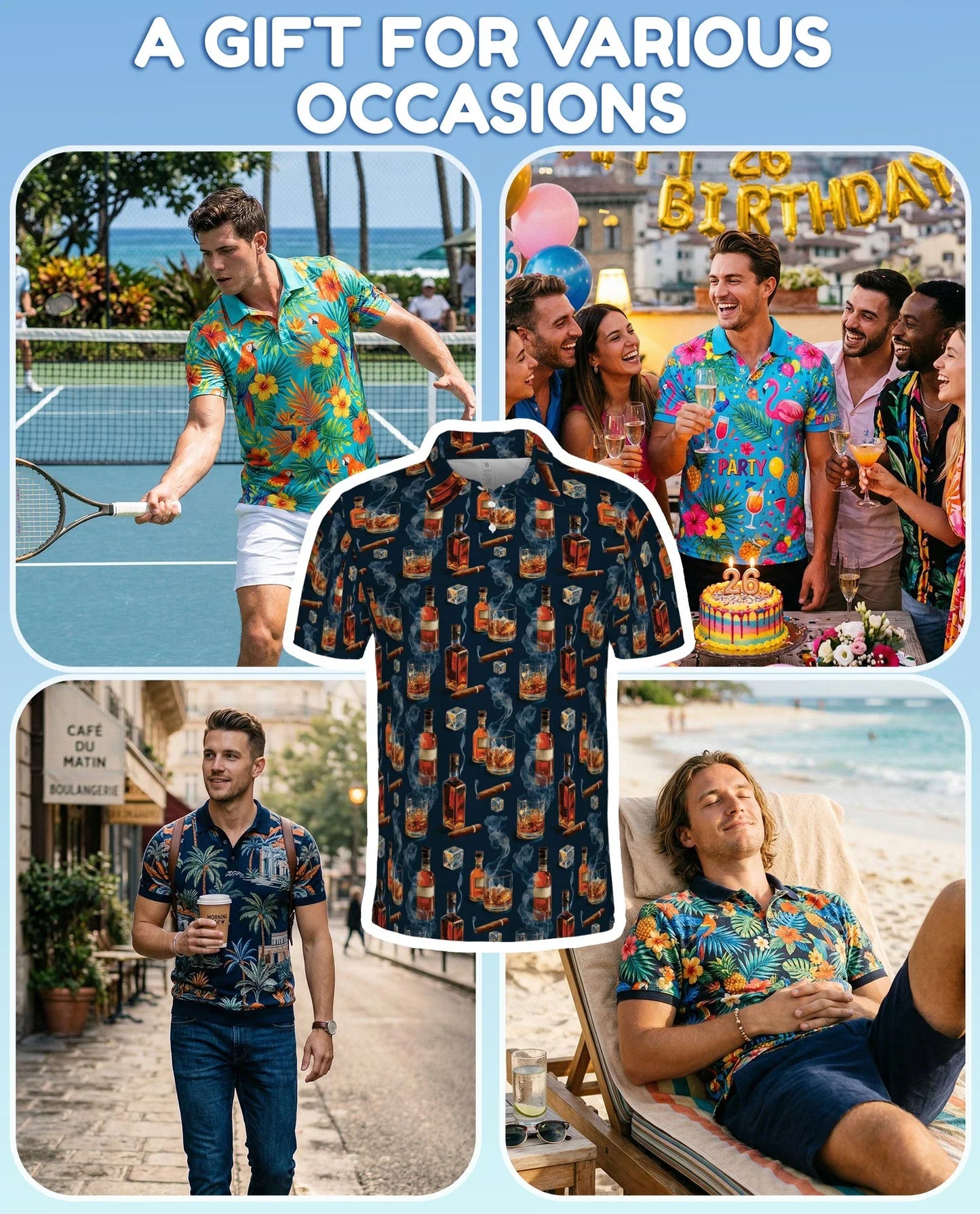 Whiskey and Cigar Pattern Polo Shirt for Men, Vintage Gentleman Style | Azhawaiian