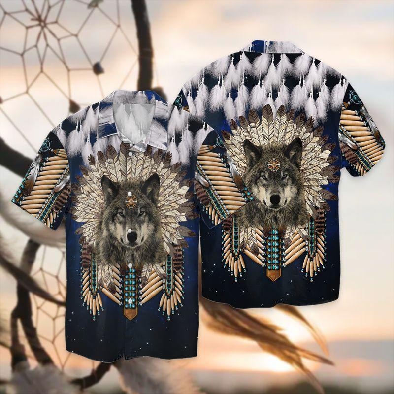 Native Amarican Wolf Navy 3D Full Print Hawaiian Shirt