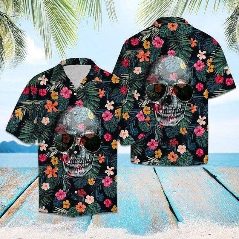 Floral Funny Skull Wearing Sun Glasses Tropical Hawaiian Aloha Shirts