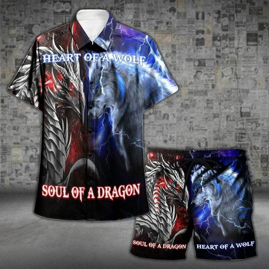 Hawaiian Aloha Shirts - Beach Shorts Heart Of Wolf Soul Of Dragon