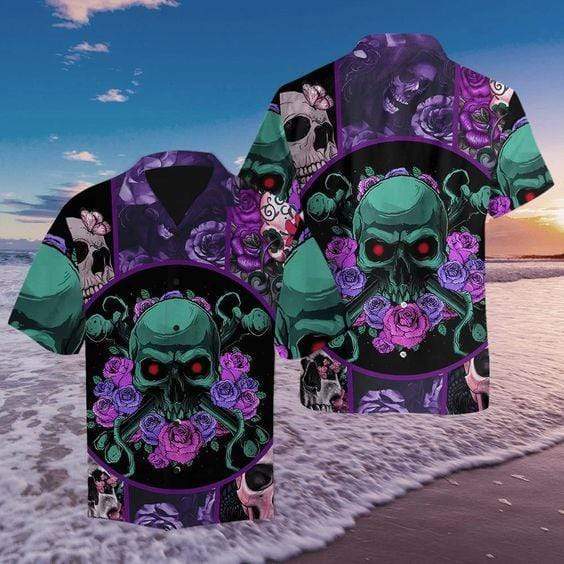 Hawaiian Aloha Shirts Skull Purple Rose