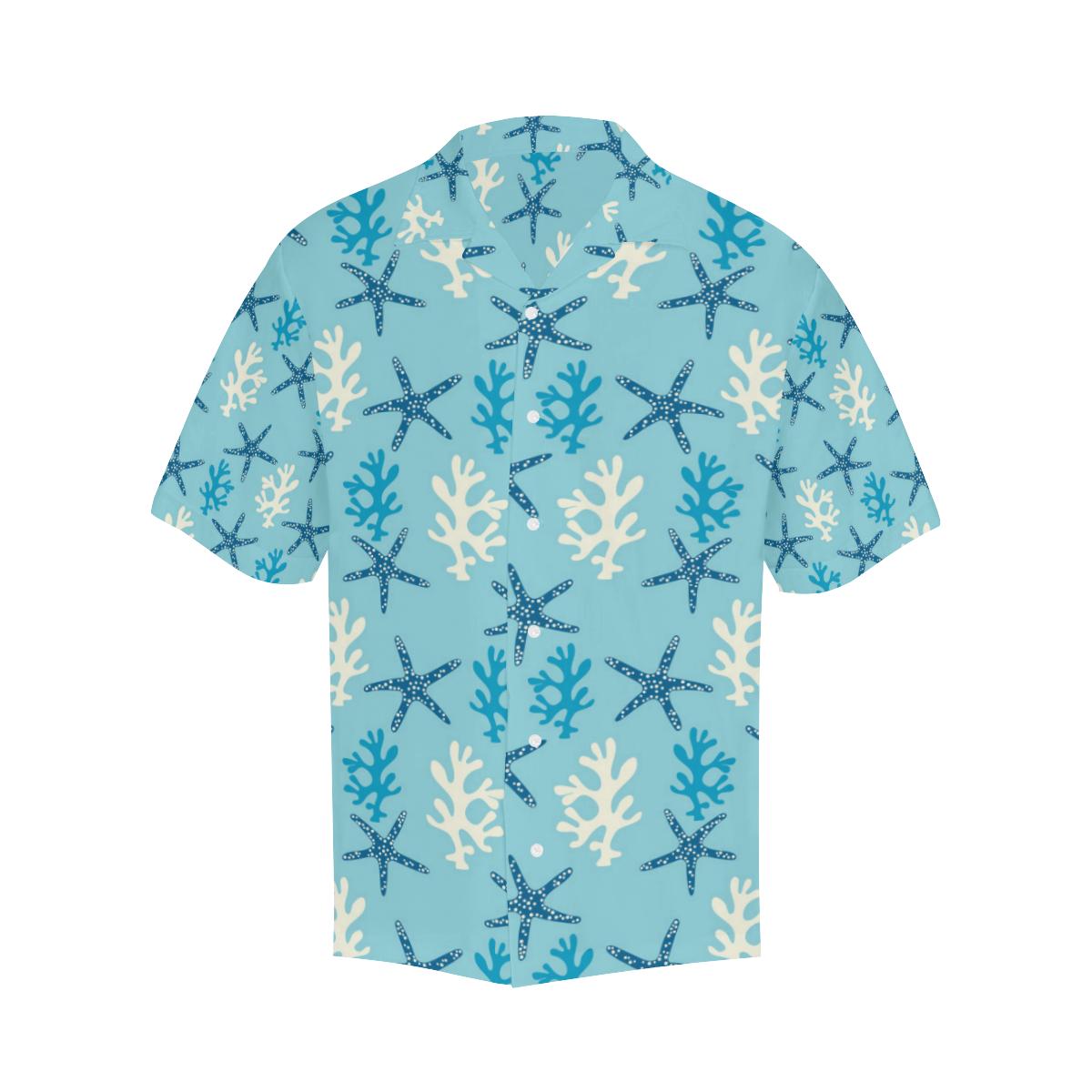 Blue Starfish Coral Reef Pattern Mens All Over Print Hawaiian Shirt