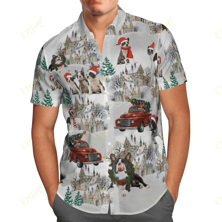 Hawaiian Aloha Shirts Boston Terrier Christmas Coming To Town