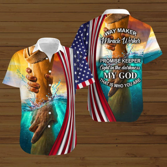 American Flag Holding Hand Way Maker Miracle Worker Hawaiian Shirt 3D #N